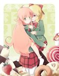  bad_id bad_pixiv_id blazer blonde_hair blue_eyes bobby_socks bow candy carrying curly_(jintai) empty_eyes fairy_(jintai) food green_eyes highres hug jacket jinrui_wa_suitai_shimashita lollipop long_hair multiple_girls pink_hair pvmivs school_uniform socks very_long_hair watashi_(jintai) yandere 