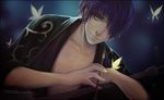  bandage_over_one_eye bug butterfly felice gintama green_eyes insect japanese_clothes kimono kiseru looking_at_viewer male_focus pipe purple_hair realistic solo takasugi_shinsuke 