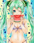  aqua_eyes aqua_hair bad_id bad_pixiv_id bikini breasts eating food food_print fruit hair_ornament hatsune_miku long_hair marker_(medium) medium_breasts nail_polish navel one_eye_closed solo star swimsuit themed_object traditional_media tsubugaai twintails very_long_hair vocaloid watermelon watermelon_print 