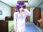  1girl anata_no_osanazuma bed game_cg mizue_yoriko purple_hair shimizu_naotaka shirt uncensored 
