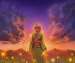  bad_id bad_pixiv_id blonde_hair brown_hair eiichi_(kila) gintama japanese_clothes kimono okita_mitsuba red_eyes smile solo sunset 