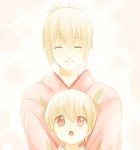  1girl blonde_hair brother_and_sister brown_hair child gintama hug hug_from_behind japanese_clothes kimono maruki_(punchiki) okita_mitsuba okita_sougo pale_color ponytail red_eyes siblings younger 