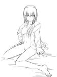  bad_id bad_pixiv_id bottomless breasts greyscale kuromayu lineart long_hair medium_breasts megurine_luka monochrome navel open_clothes open_shirt shirt sitting solo vocaloid 
