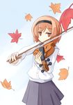  brown_eyes brown_hair gunslinger_girl henrietta_(gunslinger_girl) instrument leaf revision sai_(bankoru) short_hair simple_background skirt solo violin 