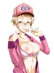  :p baseball_cap blonde_hair bra breasts breasts_outside candy ebido food glasses hat highres jacket large_breasts lollipop navel nipples open_clothes open_jacket original saliva short_hair simple_background solo tongue tongue_out underwear white_background yellow_eyes 