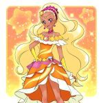  1girl :d amamiya_erena bare_shoulders blonde_hair commentary cure_soleil dark_skin dress earrings english_commentary eyelashes hair_ornament happy jewelry long_hair looking_at_viewer magical_girl open_mouth orange_dress precure smile solo standing star_twinkle_precure venuscho 