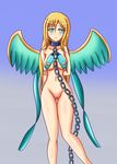  1girl angel aqua_eyes aveve bdsm blonde_hair blush bondage bottomless bound breasts collar erect_nipples leash looking_at_viewer nippleless_clothes nipples pussy smile solo uncensored wings 