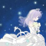  animal_ears bouquet bow bridal_veil closed_eyes dress flower frills kadowaki_mai mukiki sanya_v_litvyak seiyuu_connection silver_hair smile snow solo strike_witches tail veil wedding_dress world_witches_series 