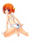  absurdres adjusting_clothes adjusting_panties animal_print ass back-print_panties bare_shoulders bear_panties bear_print blue_eyes card flat_chest hair_bobbles hair_ornament hidan_no_aria highres hiraga_aya kobuichi looking_back one_side_up orange_eyes panties playing_card print_panties scan short_hair solo sports_bra underwear underwear_only 