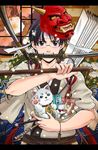  bad_id bad_pixiv_id black_hair brown_eyes calligraphy_brush cellphone dog fan gintama glasses harisen japanese_clothes katana male_focus mask mouth_hold naginata oni_mask paintbrush phone polearm puppy sheath shimura_shinpachi shimura_tae solo ss10-b sword weapon 