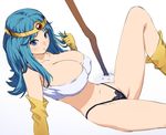  aqua_hair bandeau black_panties blue_eyes boots breasts circlet cleavage covered_nipples cozy dragon_quest dragon_quest_iii g-string gradient gradient_background huge_breasts legs long_hair panties sage_(dq3) solo staff thighs thong underwear 