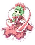  arm_ribbon bad_id bad_pixiv_id blush bow dress embellished_costume frills front_ponytail green_eyes green_hair hair_bow hair_ornament hair_ribbon kagiyama_hina long_hair looking_at_viewer red_dress ribbon simple_background smile solo touhou wadani_hitonori white_background 