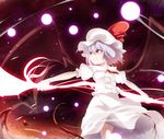  bat_wings blood blue_hair blurry danmaku depth_of_field dress fang hat highres meracle red_eyes remilia_scarlet ribbon smile solo spear_the_gungnir touhou wings 