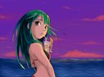  beach bikini cup dark_green_hair drinking feena_(grandia) grandia grandia_i green_hair lio_(lune24) looking_back ocean solo swimsuit 