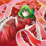  ;) absurdres bow dress frills front_ponytail green_eyes green_hair hair_bow hair_ribbon highres kagiyama_hina leaf nicoby one_eye_closed ribbon skirt skirt_lift smile solo touhou 