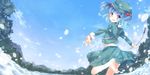  :d bare_legs barefoot blue_eyes blue_hair blue_sky cattail day ech feet hair_bobbles hair_ornament hat kawashiro_nitori leg_up looking_at_viewer looking_back mountain open_mouth outstretched_arms plant short_hair skirt sky smile solo splashing spread_arms touhou two_side_up wading water 