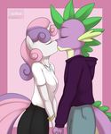  anthro anthrofied bracelet clothing dragon duo equine eyes_closed female friendship_is_magic hand_holding hoodie horn horse jewelry kissing kloudmutt male mammal my_little_pony necklace pony scalie shirt skirt spike_(mlp) standing straight sweetie_belle_(mlp) unicorn 