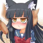  1girl :&lt; alexi_(tits!) animal_ears black_hair blush cat_ears felpurr hands_on_another's_head head_grab hetero ken_to_mahou_to_gakuen_mono long_hair looking_up penis precum ribbon school_uniform solo_focus sweat uncensored yellow_eyes 