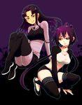  2girls alien armor black_hair blackfire boots character_request dc_comics double_bun female flats floating flying kagyuu_maburu long_sleeves midriff multiple_girls nejimaki_kagyuu purple_eyes purple_hair smile teen_titans thigh_boots thighhighs 