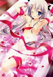  ;) ;p absurdres aoi_yachiho arms_up bath blue_eyes blush braid breasts checkered checkered_floor highres inagaki_miiko koi_imo_sweet_days long_hair looking_at_viewer nude one_eye_closed petals petals_on_liquid ribbon rose_petals scan silver_hair simple_background small_breasts smile solo tongue tongue_out twin_braids water 