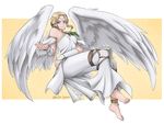  angel_(tekken) angel_wings anklet bare_shoulders barefoot blonde_hair blue_eyes breasts circlet dress feathered_wings feet jewelry kylance medium_breasts pants short_hair solo tekken tekken_tag_tournament_2 vambraces white_dress wings 