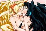  asymmetrical_docking black_hair black_wings blonde_hair blush breast_press breasts closed_eyes couple french_kiss hair_ribbon horns hug kiss kyoukaisenjou_no_horizon large_breasts large_wings long_hair malga_naruze margot_knight misogi_(misogi1341) multiple_girls nude ribbon tongue wings yuri 