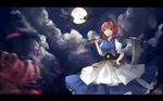  bad_id bad_pixiv_id blurry breasts cloud depth_of_field dress flower full_moon hand_on_hip large_breasts letterboxed moon night onozuka_komachi red_(girllove) red_eyes red_hair scythe solo spider_lily touhou 