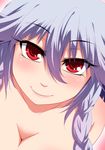  blush braid breasts cleavage face grey_hair hayashi_custom izayoi_sakuya medium_breasts red_eyes smile solo touhou twin_braids 