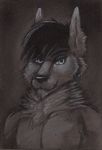  canine charcoal commission fur highlights looking_at_viewer male mammal monochrome muscles pecs plain_background portrait pose reddyeno5 reverse_charcoal sketch solo topless wolf 