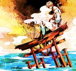  aiharasuke gintama japanese_clothes male_focus ryoubu_torii sakata_gintoki silver_hair sitting solo torii water 