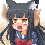  alexi_(tits!) animal_ears black_hair blush cat_ears felpurr hands_on_another's_head head_grab hime_cut ken_to_mahou_to_gakuen_mono long_hair looking_up open_mouth ribbon school_uniform sweat tongue yellow_eyes 