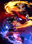  canine cosplay dan_hibiki feline fire fox-die gi ken_masters ki_blast lenoh looking_at_viewer male mammal 