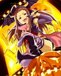  bad_id bad_pixiv_id boots brown_eyes brown_hair cape detached_sleeves fangs gloves halloween hat head_wings headset highres idolmaster idolmaster_cinderella_girls koseki_reina long_hair microphone midriff open_mouth pumpkin shiba_itsuki smile solo striped striped_legwear thighhighs 