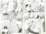  black_and_white blush comic frog gay hug japanese_text keronian keroro kissing male monochrome sgt._frog tamama text unknown_artist 