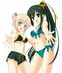  bikini black_hair blonde_hair blush breasts cleavage front-tie_top green_eyes highres kore_wa_zombie_desu_ka? long_hair medium_breasts multiple_girls muririn navel open_mouth outstretched_arms polka_dot polka_dot_bikini polka_dot_swimsuit ponytail seraphim_(kore_wa_zombie_desu_ka?) side-tie_bikini simple_background skindentation strap_gap swimsuit yoshida_yuki 