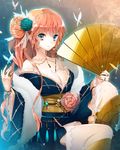  bare_shoulders blue_eyes bracelet breasts bug butterfly cleavage fan flower folding_fan hair_bun hair_flower hair_ornament insect japanese_clothes jewelry kimono leg_up mami_(apsaras) medium_breasts orange_hair original ring sitting solo 