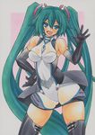  aqua_eyes aqua_hair ass_visible_through_thighs border breasts elbow_gloves gloves goodsmile_company goodsmile_racing hair_ornament hand_on_hip hatsune_miku large_breasts leotard open_mouth pink_background race_queen racing_miku racing_miku_(2011) simple_background smile solo thighhighs twintails vocaloid white_border yutakasan-love 