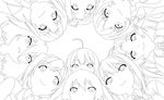  6+girls ahoge edagawa_nozomi from_below greyscale highres kiba_mifuyu koi_to_senkyo_to_chocolate lineart monochrome monzennaka_kii morishita_michiru multiple_boys multiple_girls non-web_source oojima_yuuki sarue_ai shinonome_hazuki sumiyoshi_chisato yumeshima_oboro 