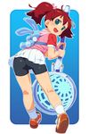  ass backpack bag bike_shorts brown_hair gloves green_eyes hand_net highres leggings om_(nk2007) saru_getchu sayaka_(saru_getchu) shoes short_twintails shorts shorts_under_skirt skirt sneakers solo themed_object twintails 