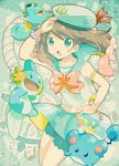  alternate_costume arm_up blue_eyes bow bowtie brown_hair gen_1_pokemon gen_2_pokemon gen_3_pokemon haruka_(pokemon) hat highres horsea jewelry looking_at_viewer luvdisc marill midriff mudkip nago_celica necklace pokemon pokemon_(creature) pokemon_(game) pokemon_rse sailor_hat salute skirt wristband 