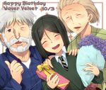  2boys bangs beard birthday black_eyes black_hair blonde_hair blush bob_cut bouquet dutch_angle engrish facial_hair fate/zero fate_(series) flower gift glen_mackenzie marimo_danshaku martha_mackenzie multiple_boys old_man old_woman one_eye_closed parted_bangs ranguage short_hair thumbs_up waver_velvet white_hair 