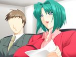 1girl blue_eyes breasts cleavage faceless faceless_male formal green_hair huge_breasts large_breasts pururun_cafe short_hair sitting solo suit sumeragi_kohaku thighs uesugi_yayoi 