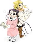  animal animal_in_clothes aotsuki_ran back-to-back black_hair blonde_hair blue_eyes braid double_bun fullmetal_alchemist gloves may_chang multiple_girls pantyhose snowflakes winry_rockbell xiao-mei 