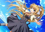  air blonde_hair blue_eyes kamio_misuzu long_hair outstretched_arms ponytail school_uniform solo spread_arms tomo_3 very_long_hair 