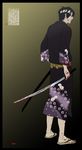  bandages black_hair blood from_behind gb_(doubleleaf) gintama headband japanese_clothes joui katana kimono male_focus purple_hair solo sword takasugi_shinsuke weapon 