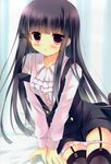  :o absurdres azumi_kazuki black_hair black_legwear blush dress garter_straps highres hime_cut inu_x_boku_ss long_hair looking_at_viewer panties panty_pull pink_eyes purple_eyes scan school_uniform shirakiin_ririchiyo sitting solo strap_slip thighhighs underwear white_panties 