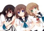  :d bad_id bad_pixiv_id black_hair blue_eyes braid brown_hair green_eyes hair_ornament hair_over_shoulder hairclip holding_hands liong long_hair lying multiple_girls on_back on_side open_mouth original red_eyes school_uniform short_hair simple_background single_braid smile white_background x_hair_ornament 