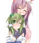  ^_^ animal_ears blush bunny_ears chimunge closed_eyes detached_sleeves frog_hair_ornament green_eyes green_hair hair_ornament hair_tubes hug kemonomimi_mode kochiya_sanae lavender_hair long_hair multiple_girls one_eye_closed open_mouth reisen_udongein_inaba skirt smile touhou 