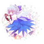  blue_hair bow cirno closed_eyes dress flower hair_bow heart ice ice_(aitsugai) ice_wings rose solo touhou wings wreath 