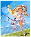  :d absurdres ball bare_shoulders blonde_hair demon_tail demon_wings halterneck highres horns long_hair midriff multiple_girls open_mouth original ponytail racket red_eyes red_hair scan skirt smile socks sportswear tail tennis tennis_ball tennis_net tennis_racket tennis_uniform twintails vofan white_legwear wings wristband yellow_eyes 